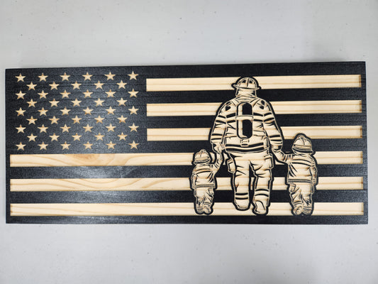 Firefighter with two children flag